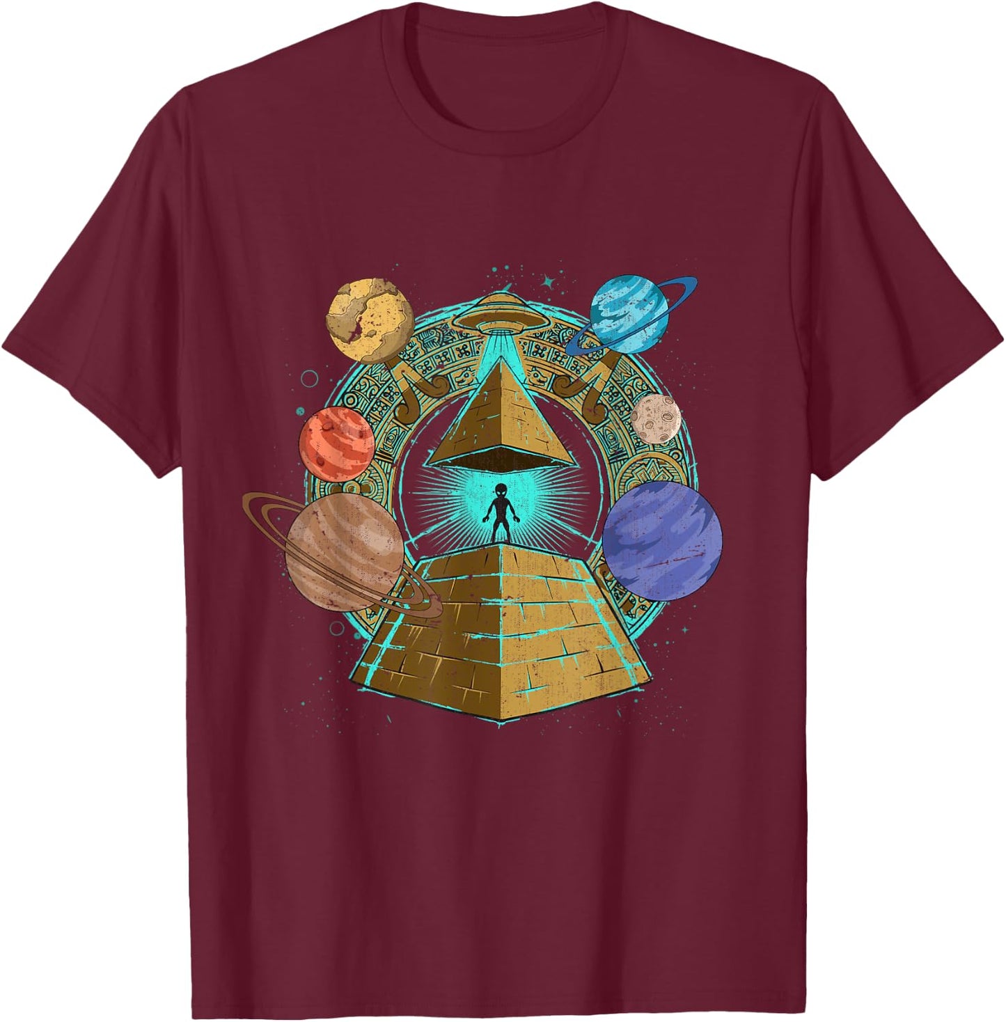 UFO Abduction Egyptian Pyramids Space Science Sci Fi Alien T-Shirt - T-Shirt | Maroon
