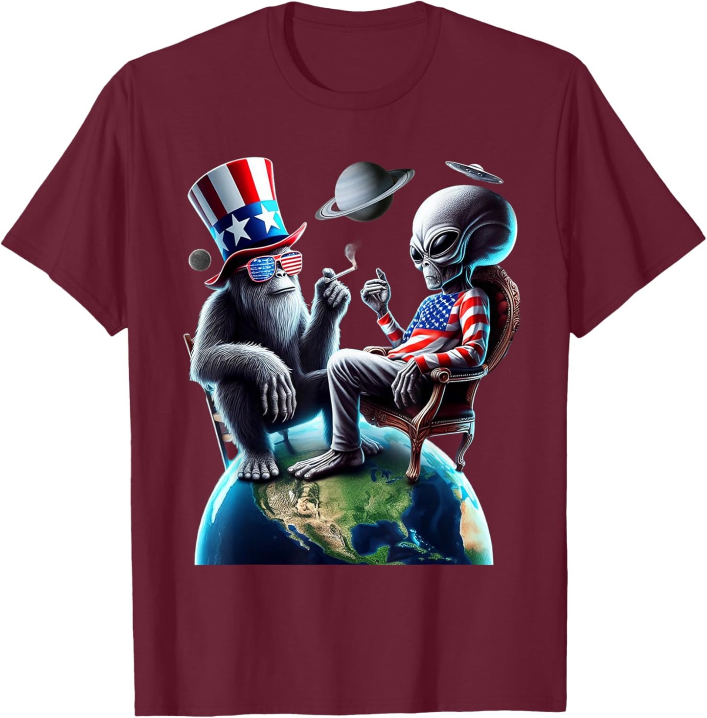 Patriotic Bigfoot Sasquatch Alien Space UFO 4th Of July T-Shirt - T-Shirt | Maroon