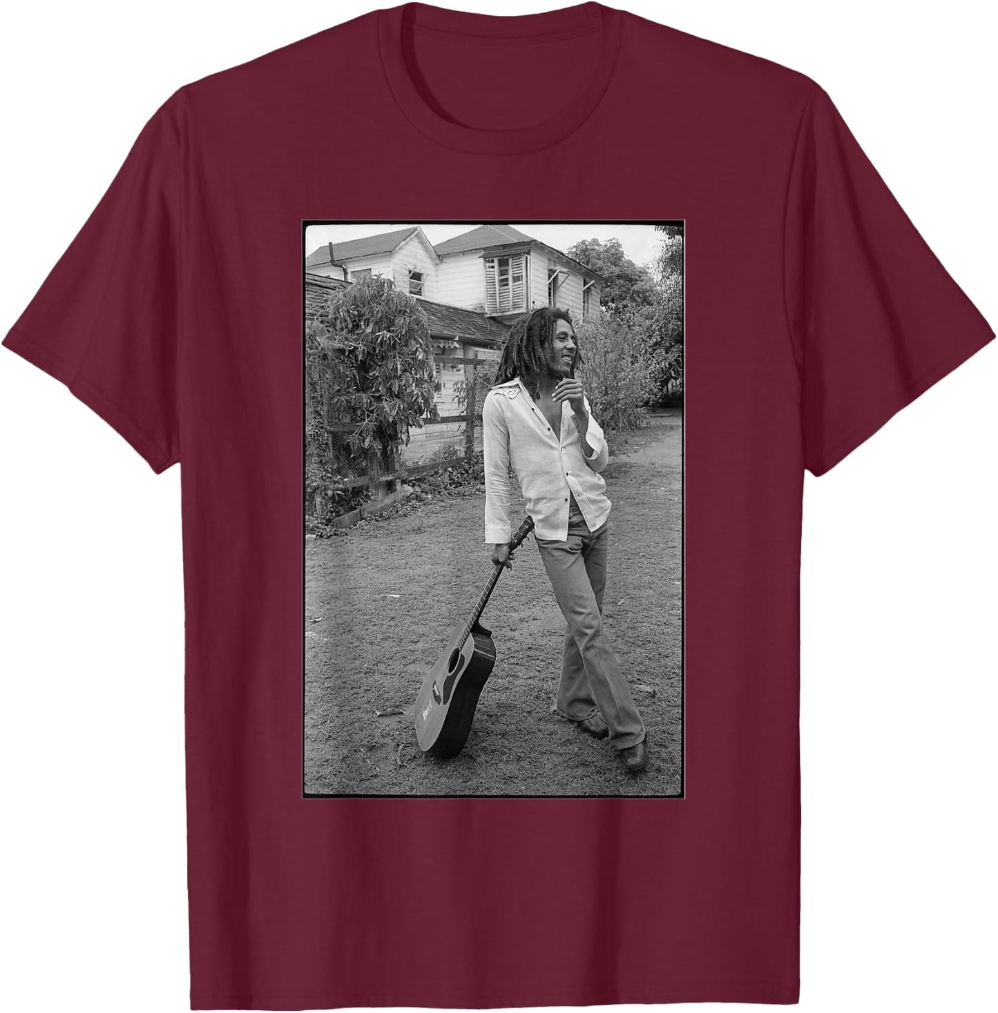 Bob Marley x David Burnett Black & White Guitar Photo T-Shirt - T-Shirt | Maroon