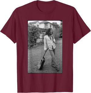 Bob Marley x David Burnett Black & White Guitar Photo T-Shirt - T-Shirt | Maroon