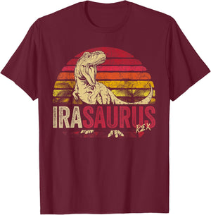 Ira Saurus Funny Personalized Dinosaur T Rex Boys Name T-Shirt - T-Shirt | Maroon