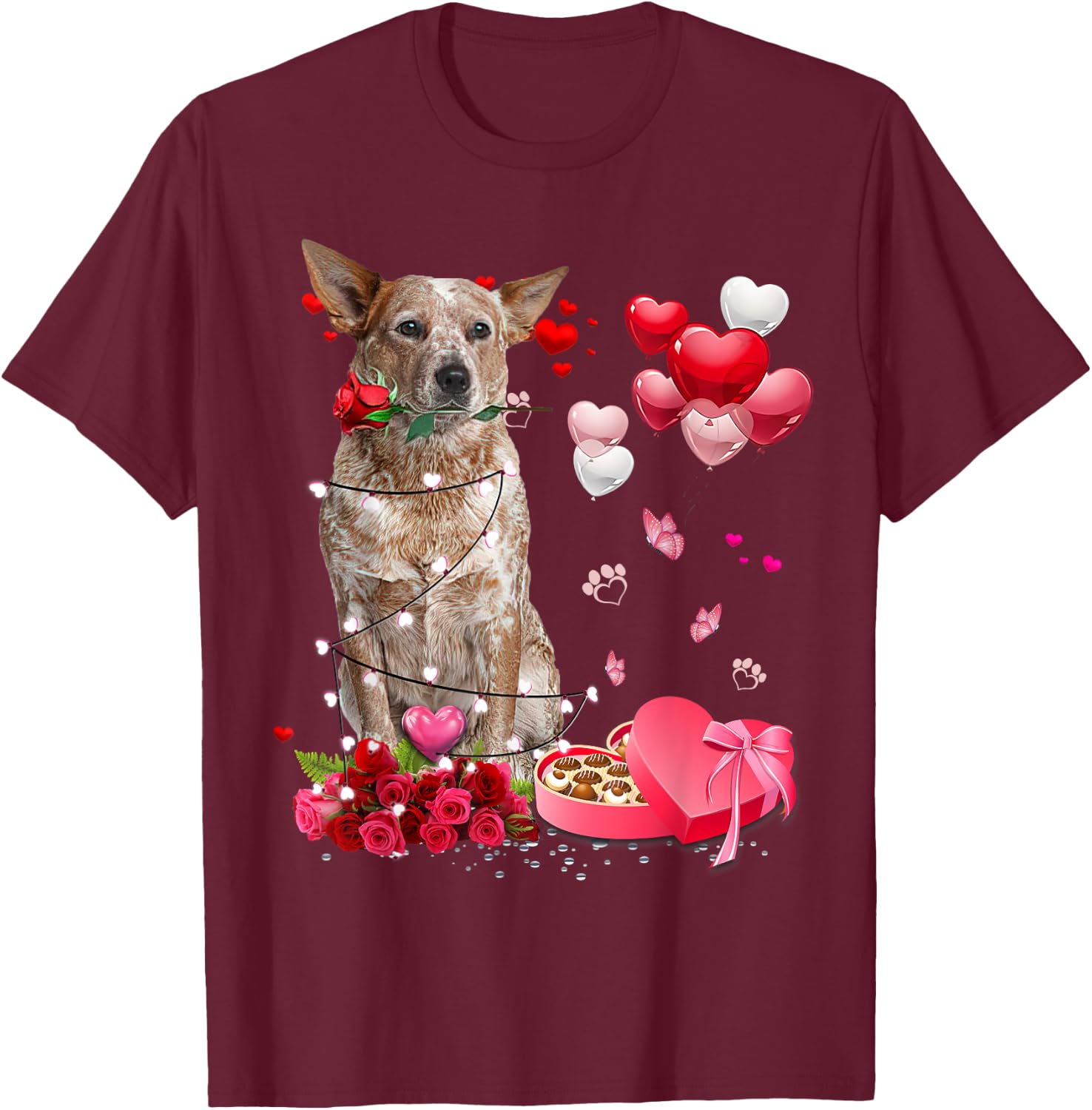 Funny Red Heeler Rose Heart Happy Valentine Day Dog Mom T-Shirt - T-Shirt | Maroon