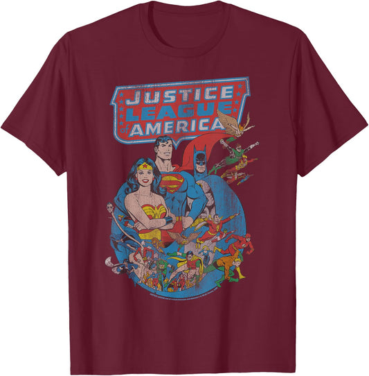DC Comics Justice League Retro Poster T-Shirt - T-Shirt | Maroon