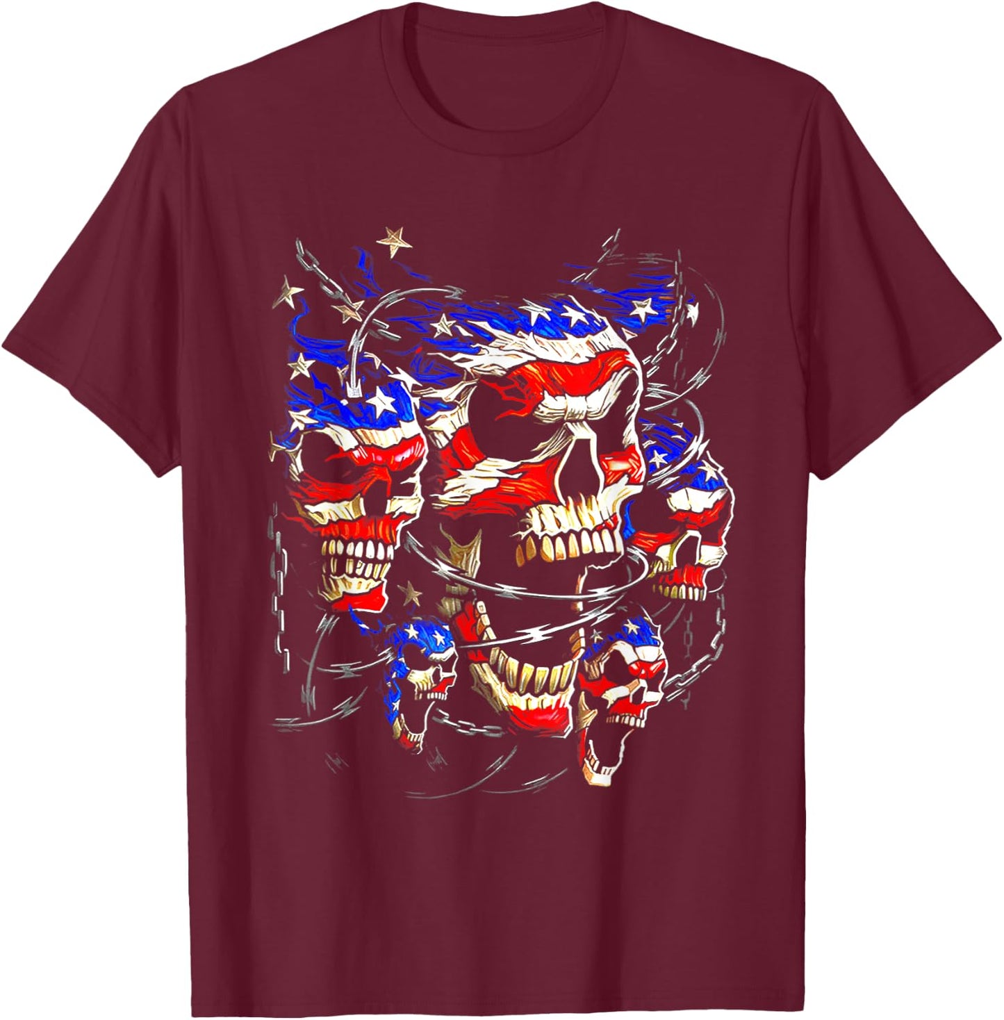 USA Patriotic American Flag Goth Evil Skulls Skeletons Men T-Shirt - T-Shirt | Maroon