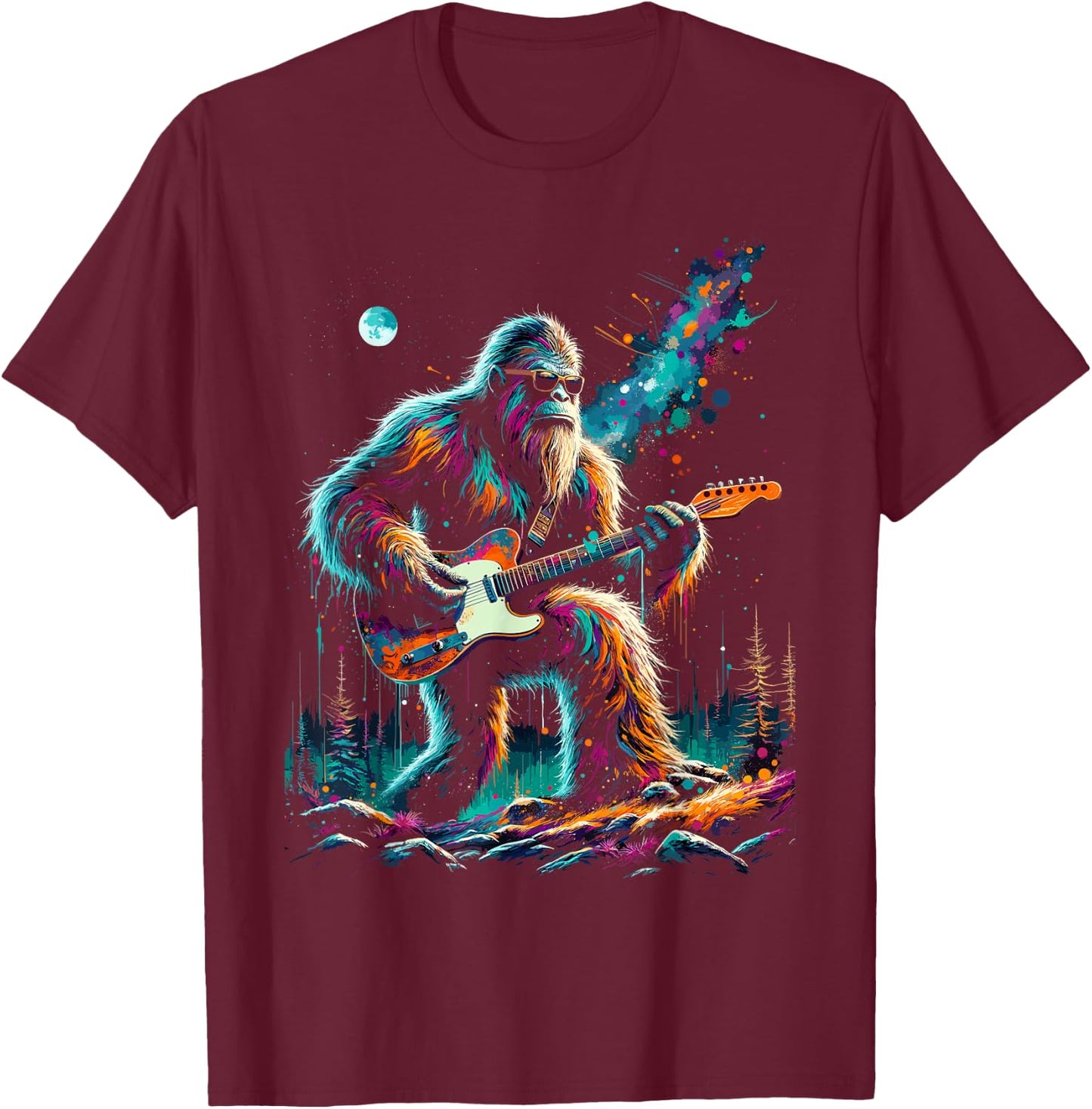 Guitar Sasquatch Bigfoot Rock Music Band Funny Sasquatch T-Shirt - T-Shirt | Maroon