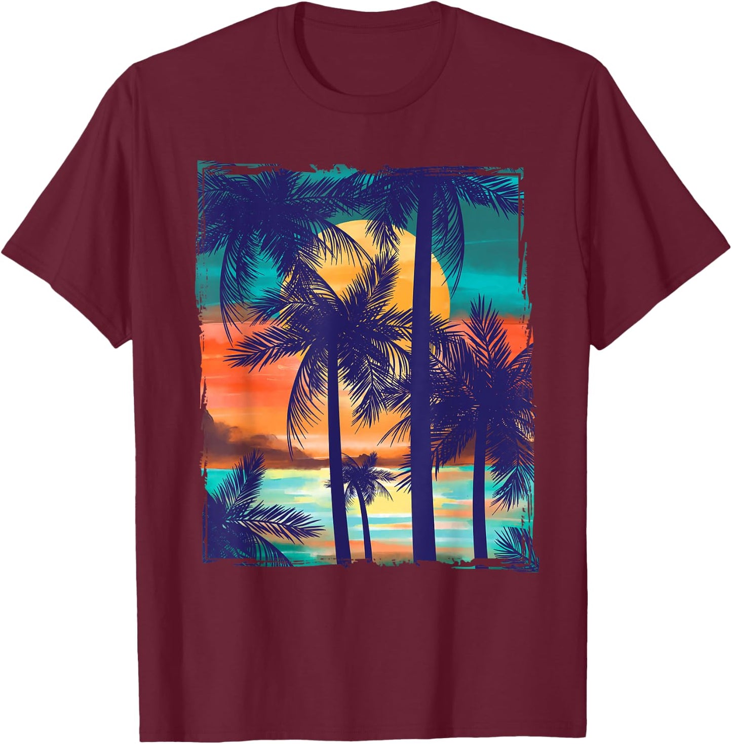 Orange and Aqua Sunset with Silhouetted Palm Trees T-Shirt - T-Shirt | Maroon