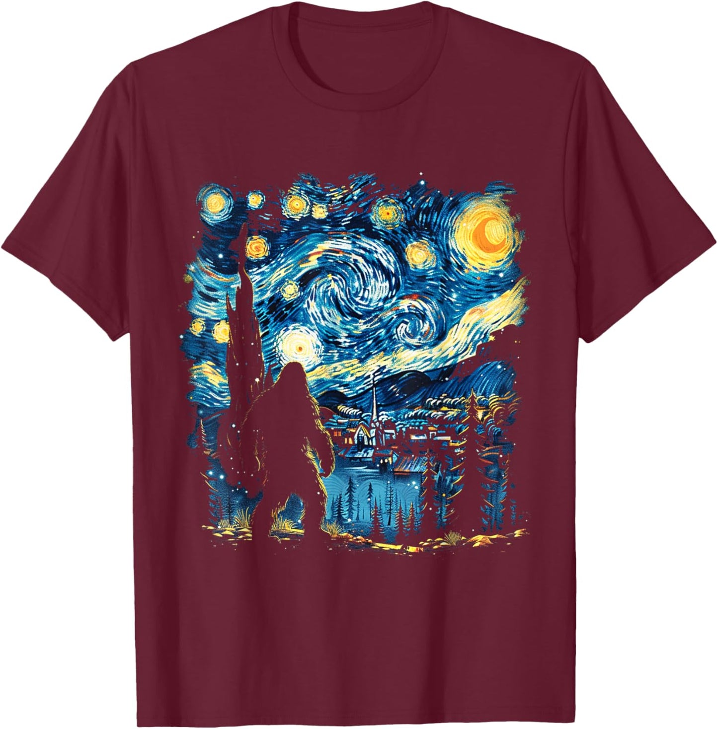 Funny Bigfoot Starry Night Sasquatch Van Gogh Sky Painting T-Shirt - T-Shirt | Maroon
