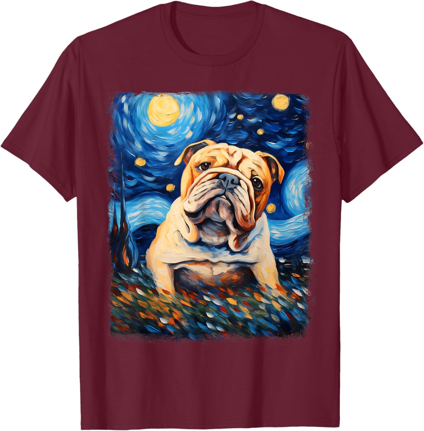Bulldog Dog Starry Night Painting T-Shirt - T-Shirt | Maroon