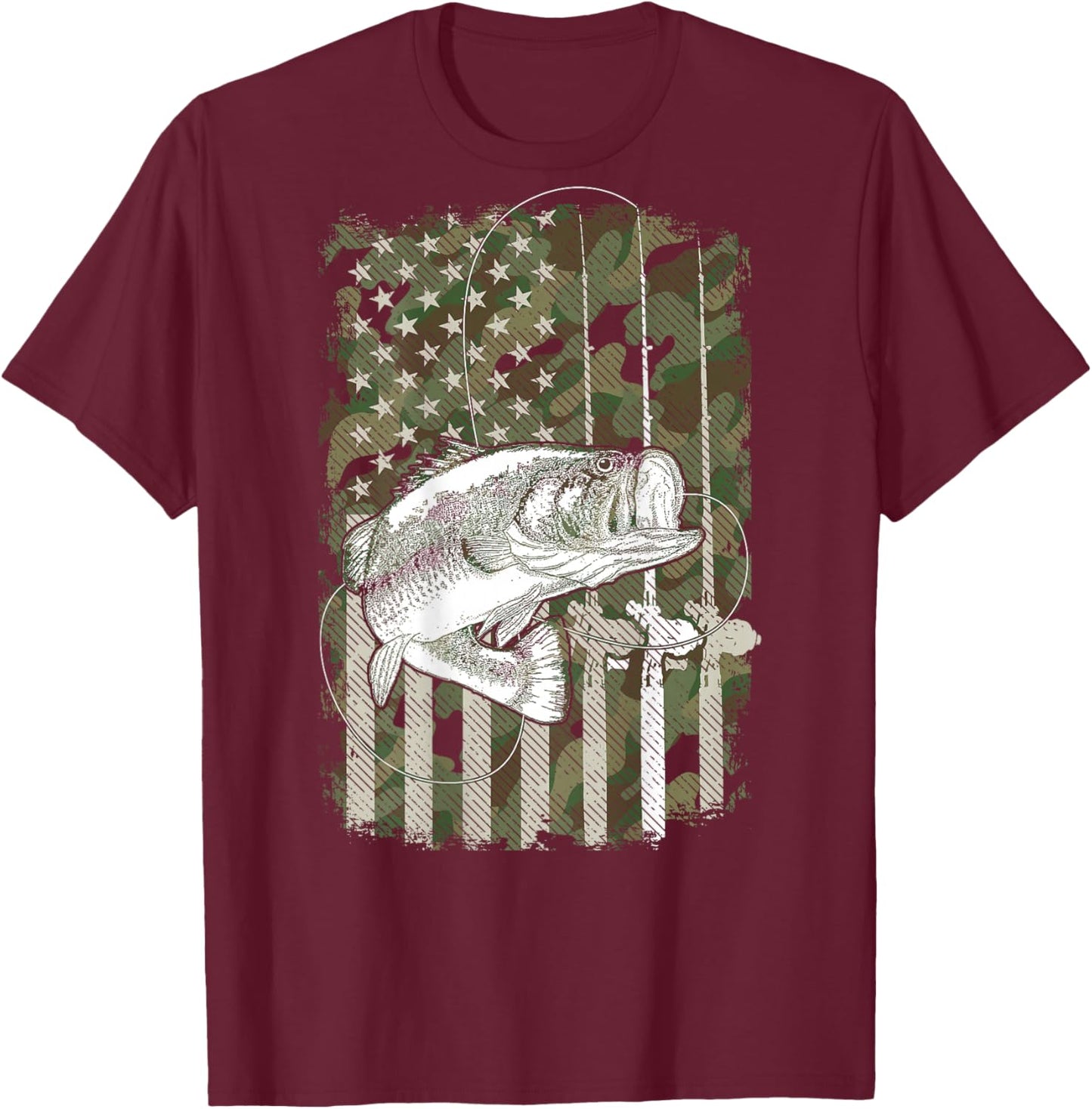 American Flag Camo Bass Fish Fishing (On Back) For Fisherman T-Shirt - T-Shirt | Maroon
