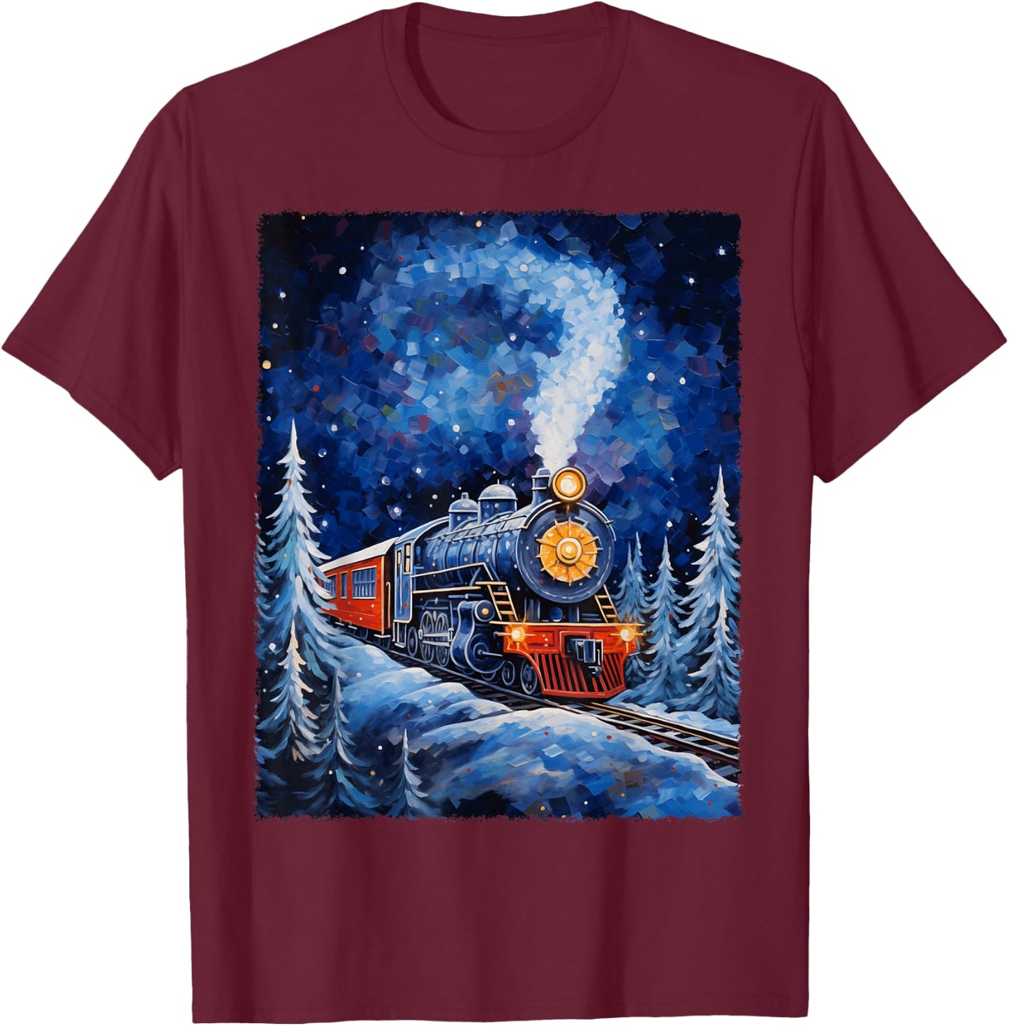 Steam Locomotive Van Gogh Style T-Shirt - T-Shirt | Maroon