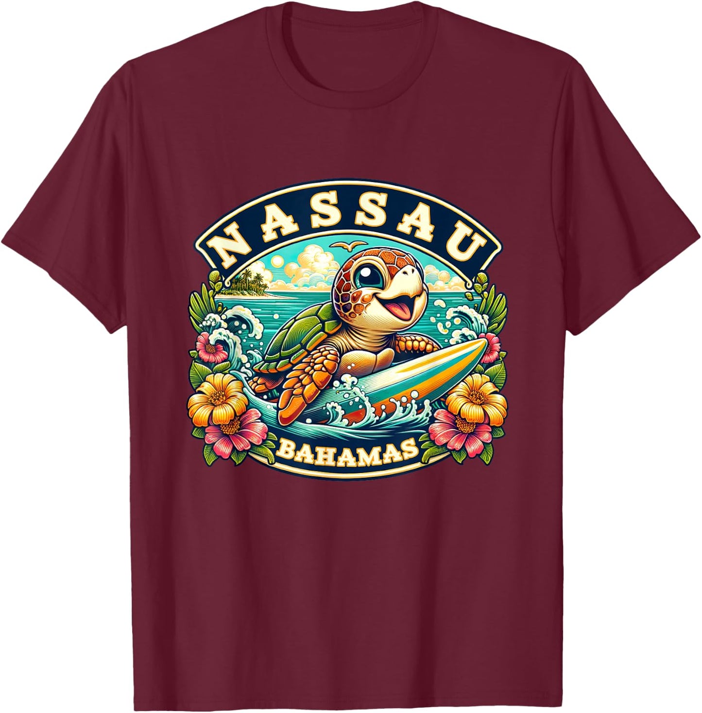 Nassau Bahamas Cute Sea Turtle Surfing T-Shirt - T-Shirt | Maroon