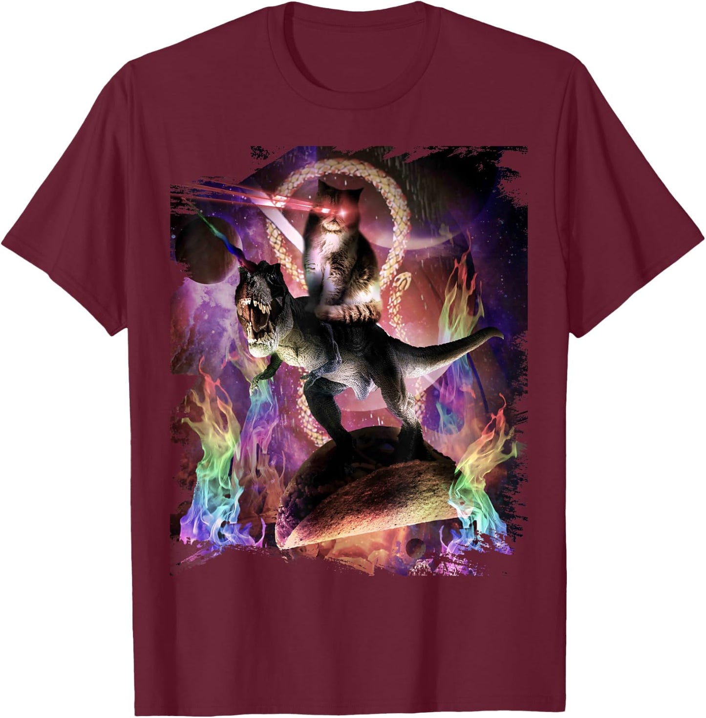 Evil Space Laser Cat On Dinosaur Unicorn On Taco T-Shirt - T-Shirt | Maroon