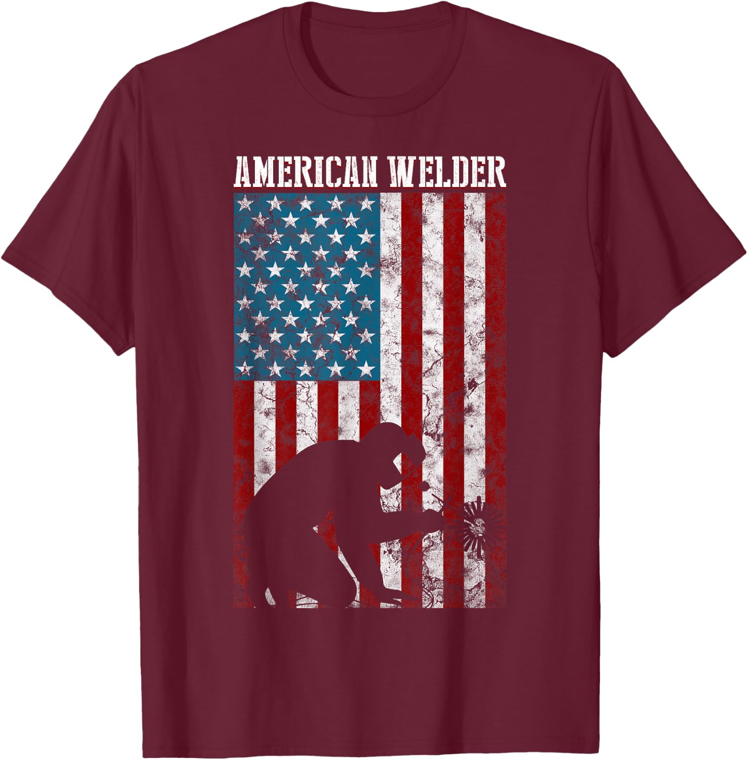 Welding Vintage Distressed American Flag Patriotic Welder T-Shirt - T-Shirt | Maroon