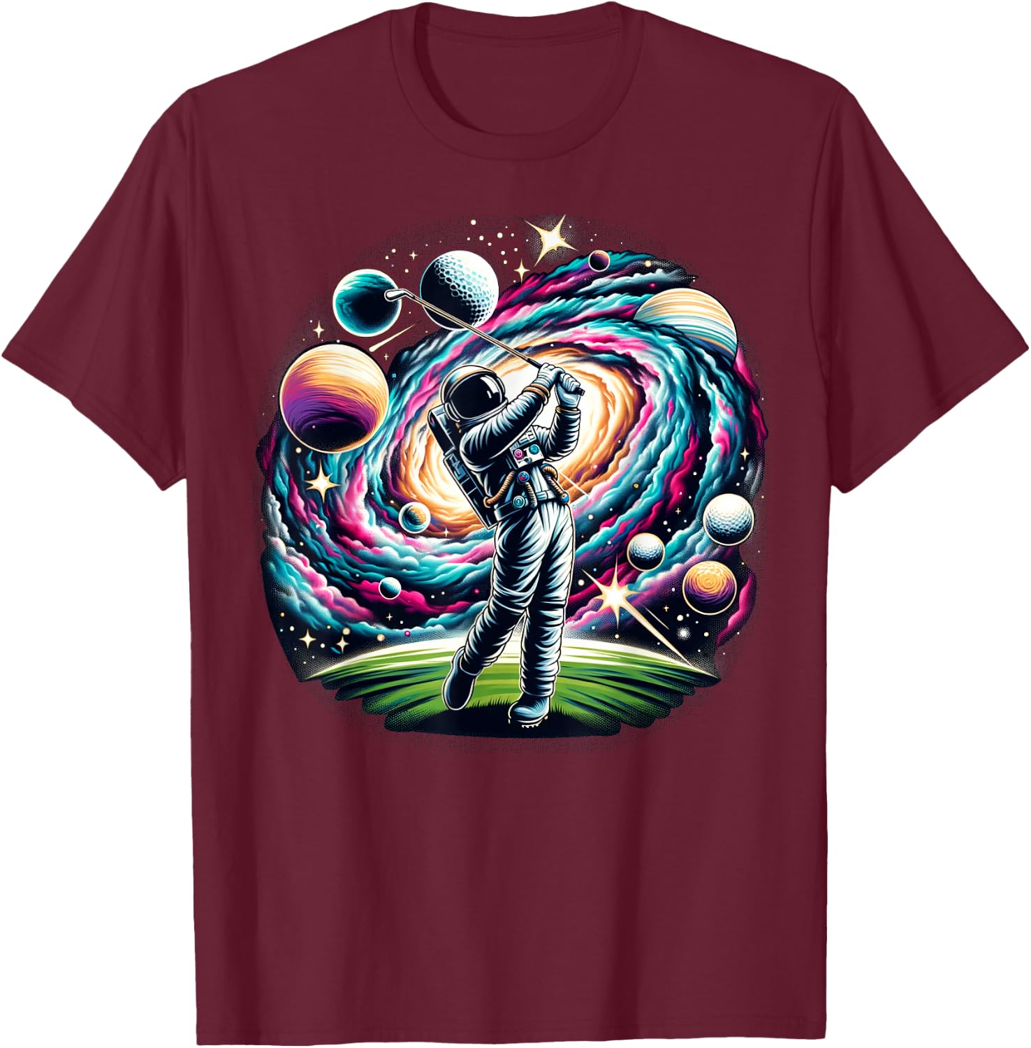 Funny Space Golf Astronaut on Golfer T-Shirt - T-Shirt | Maroon