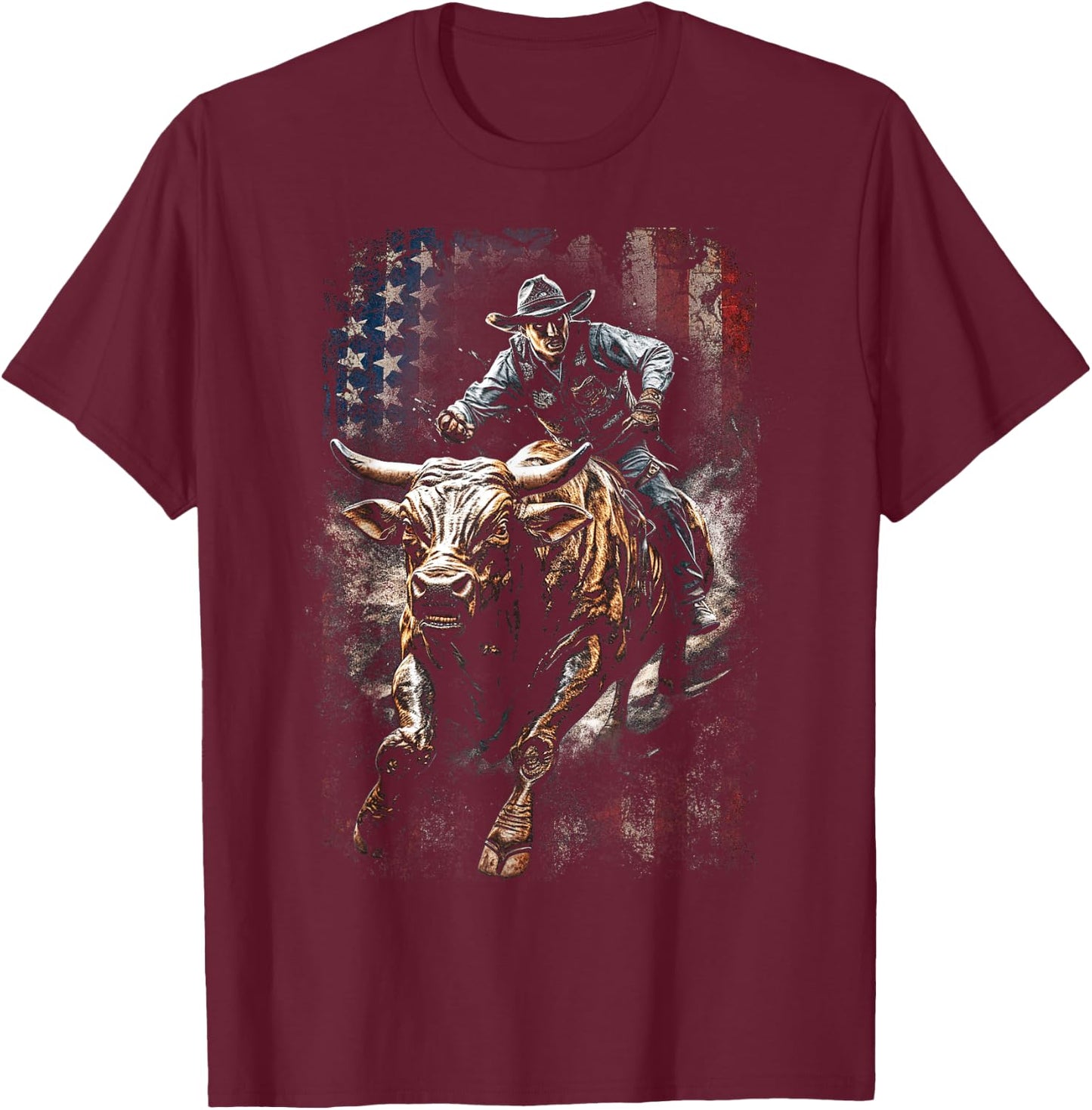 Vintage American Flag Bucking Bull Riding Patriotism Rodeo Kids Men T-Shirt - T-Shirt | Maroon