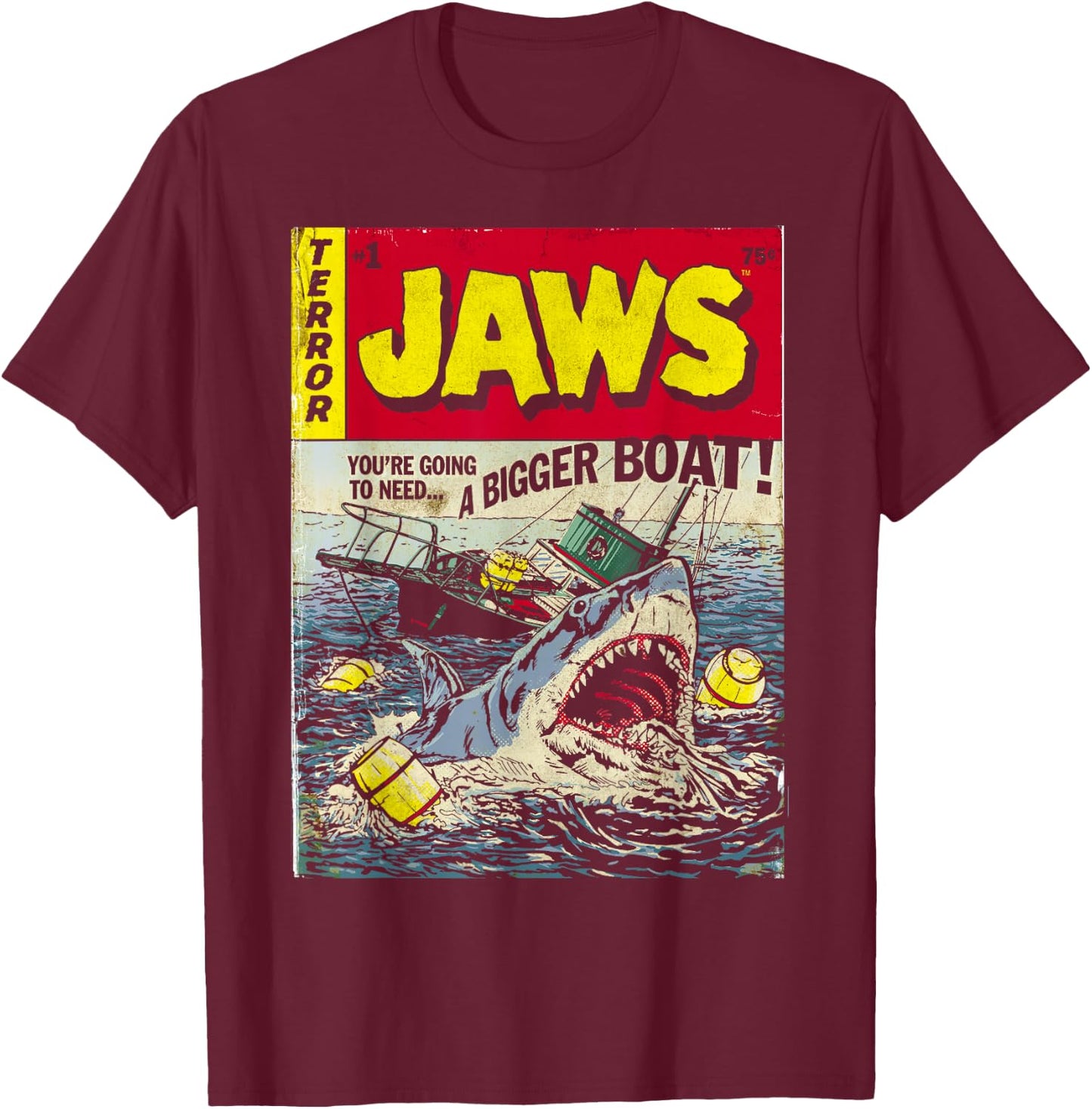 Jaws Pulp Attack Comic Cover Short Sleeve T-Shirt - T-Shirt | Maroon