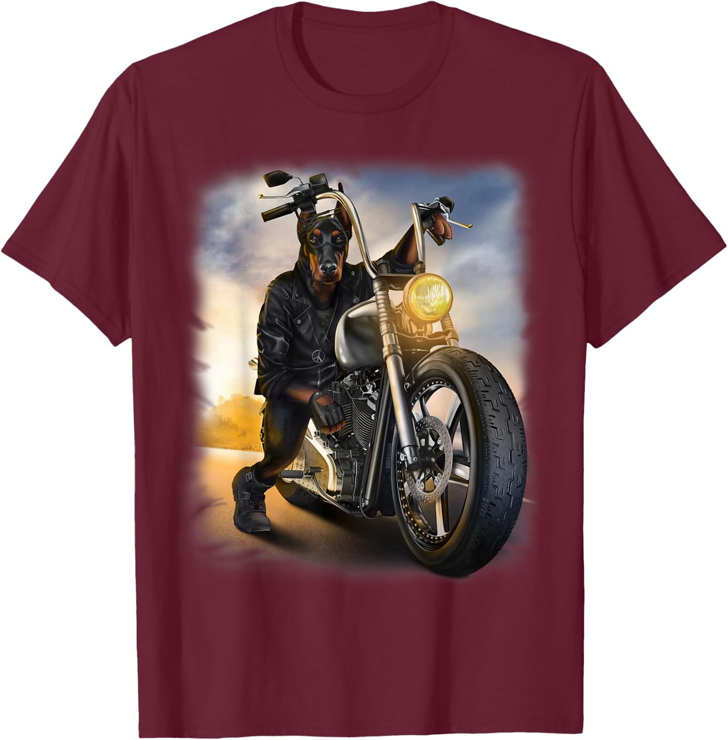 Doberman Dog Biker Riding Motorcycle at Sunset T-Shirt - T-Shirt | Maroon