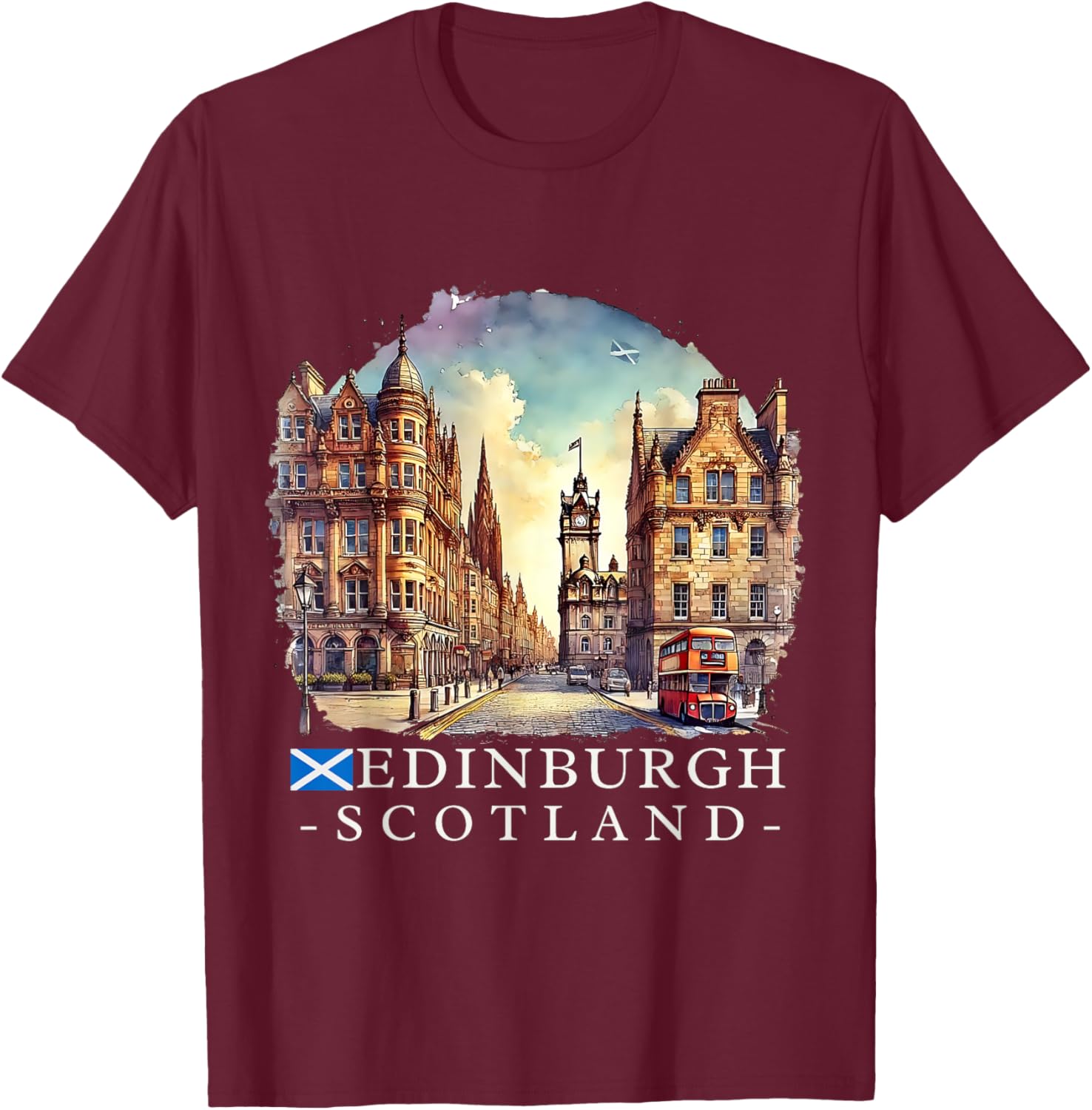 Edinburgh Scotland Scottish Map and Flag Travel Souvenir T-Shirt - T-Shirt | Maroon
