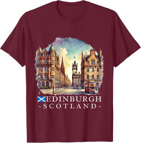 Edinburgh Scotland Scottish Map and Flag Travel Souvenir T-Shirt - T-Shirt | Maroon