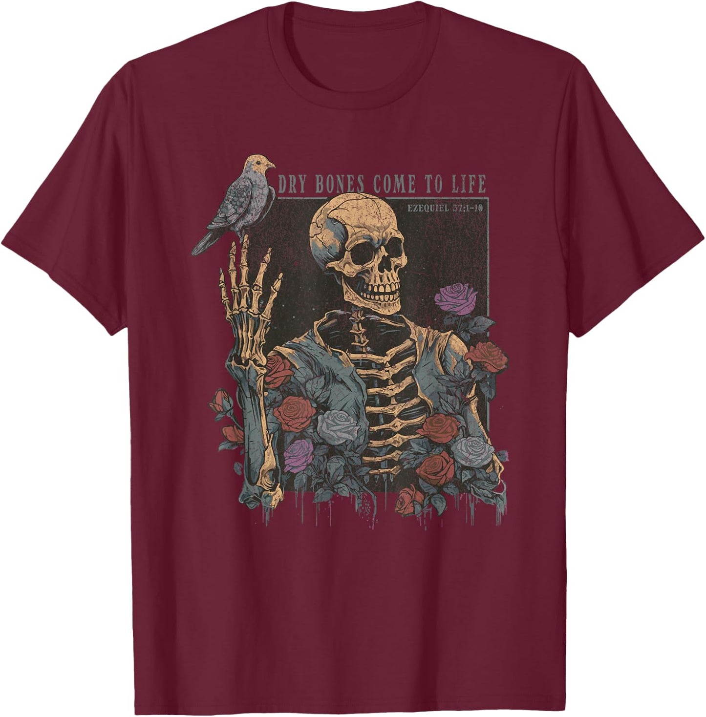 Dry Bones Come to Life Skeleton Bird Flower Nature Halloween T-Shirt - T-Shirt | Maroon
