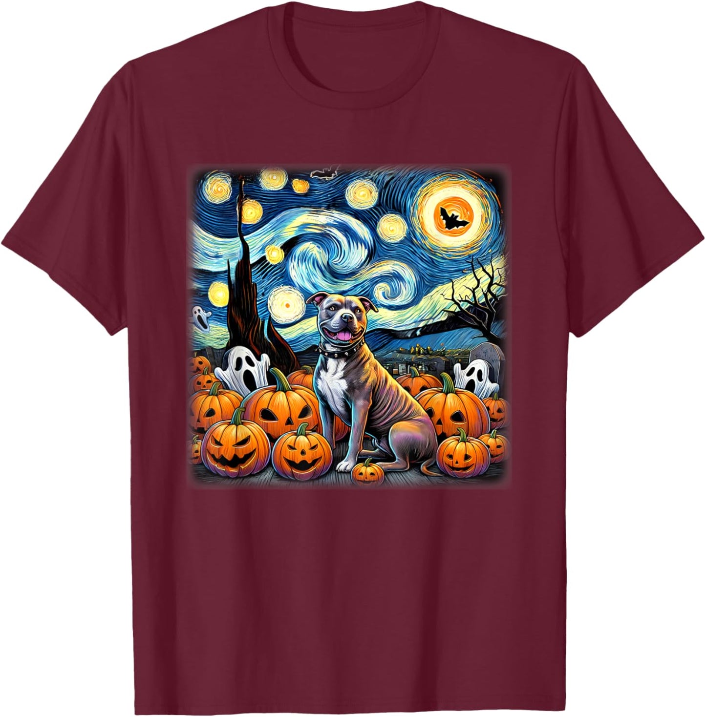 Starry Night Pitbull Halloween T-Shirt - T-Shirt | Maroon