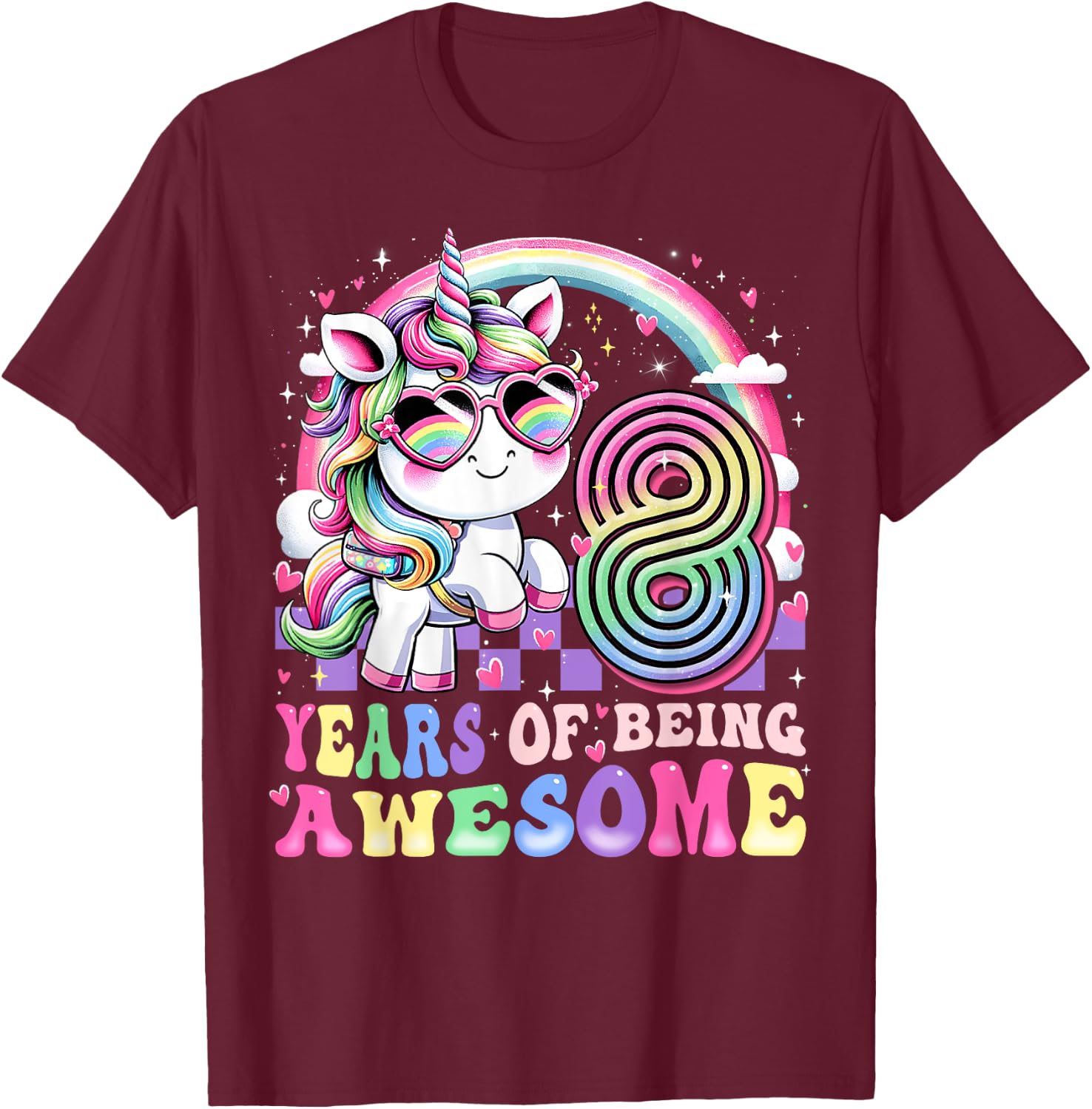 Awesome 8 Year Old Unicorn 8th Birthday Girl Party Princess T-Shirt - T-Shirt | Maroon