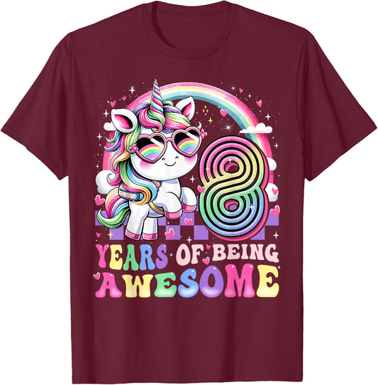 Awesome 8 Year Old Unicorn 8th Birthday Girl Party Princess T-Shirt - T-Shirt | Maroon