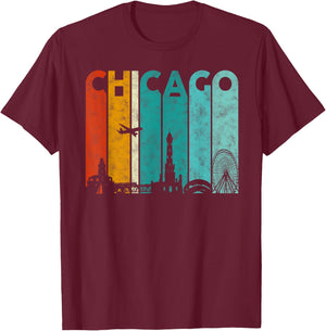 Vintage Retro Style Chicago city Skyline Airplane Chicago T-Shirt - T-Shirt | Maroon