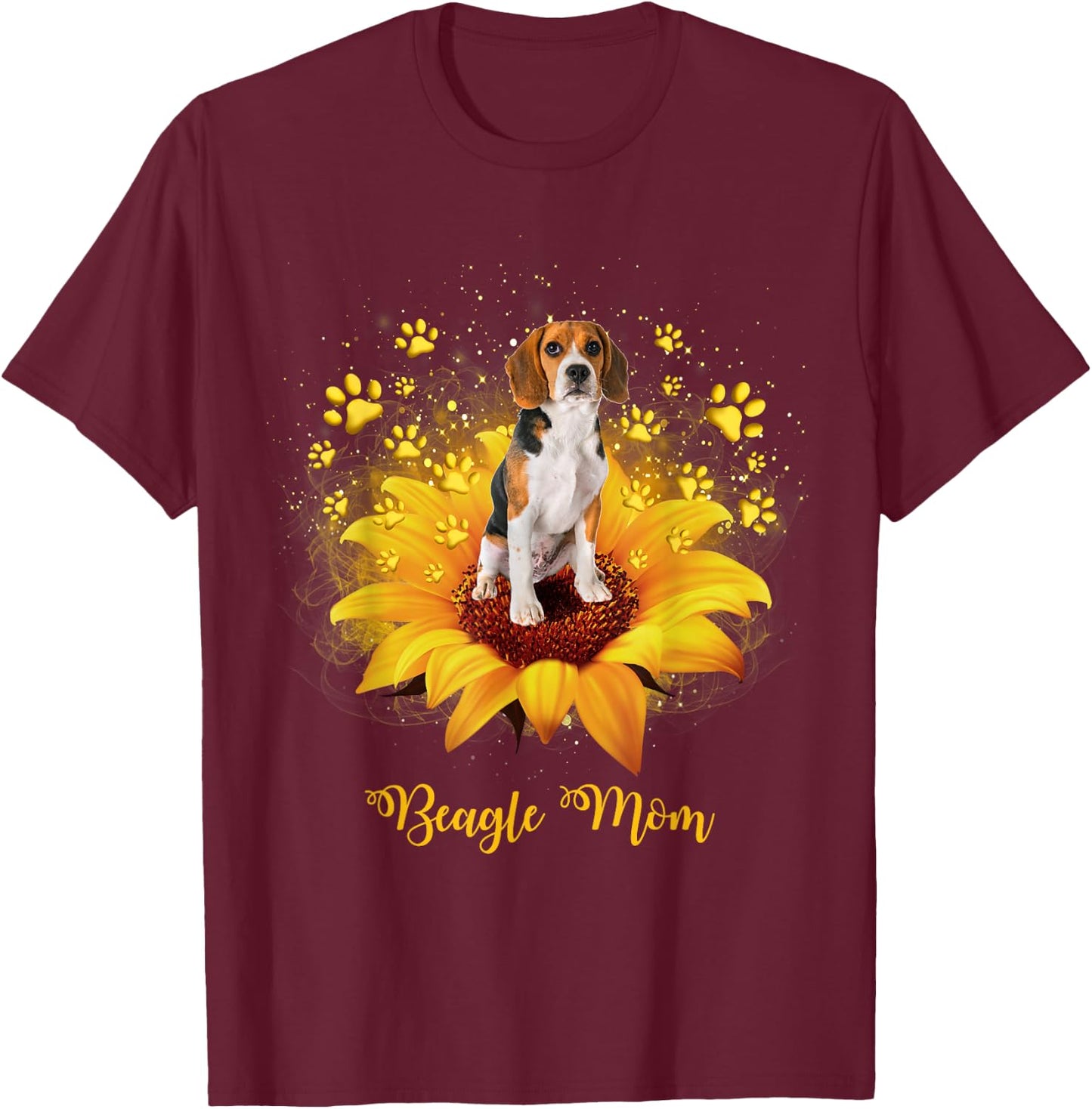 Beagle Mom Sunflower with Dog Paw Mother's Day T-Shirt - T-Shirt | Maroon