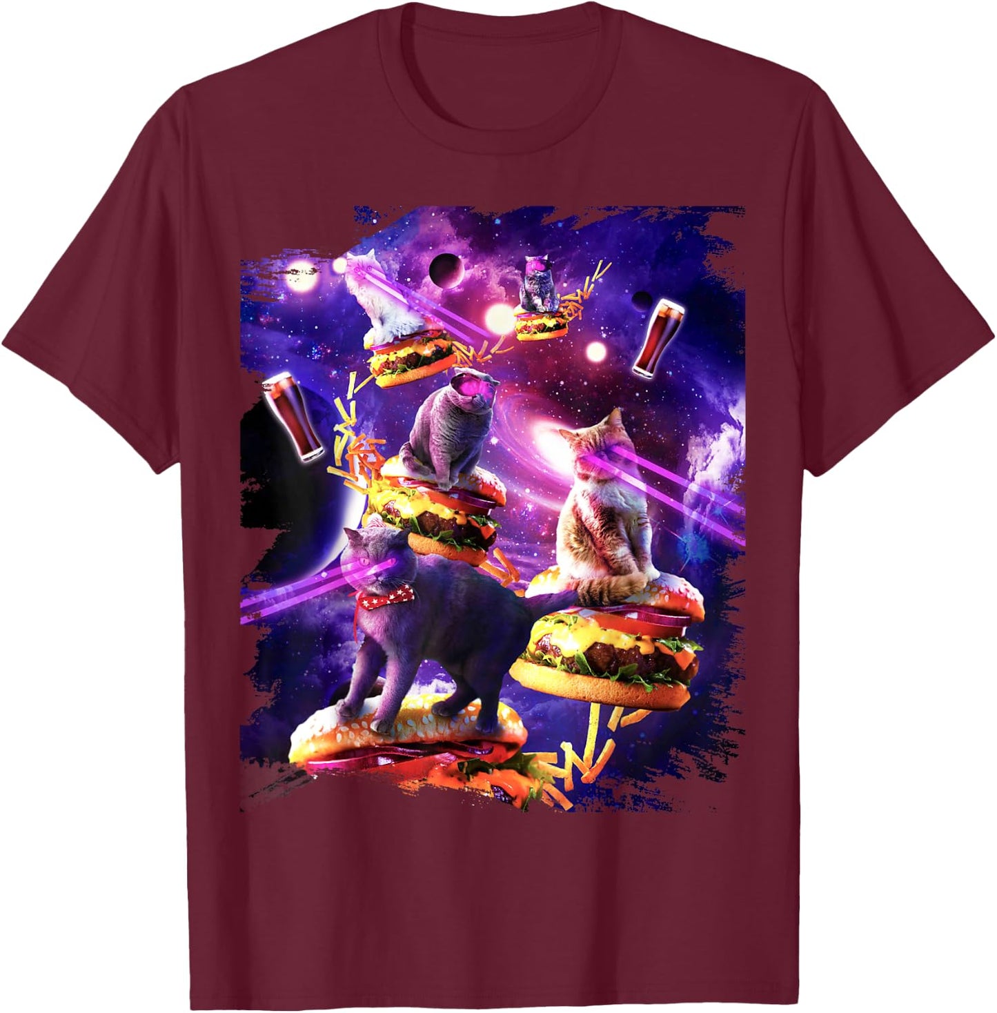 Galaxy Laser Cat On Burger - Space Cheeseburger Cats T-Shirt - T-Shirt | Maroon
