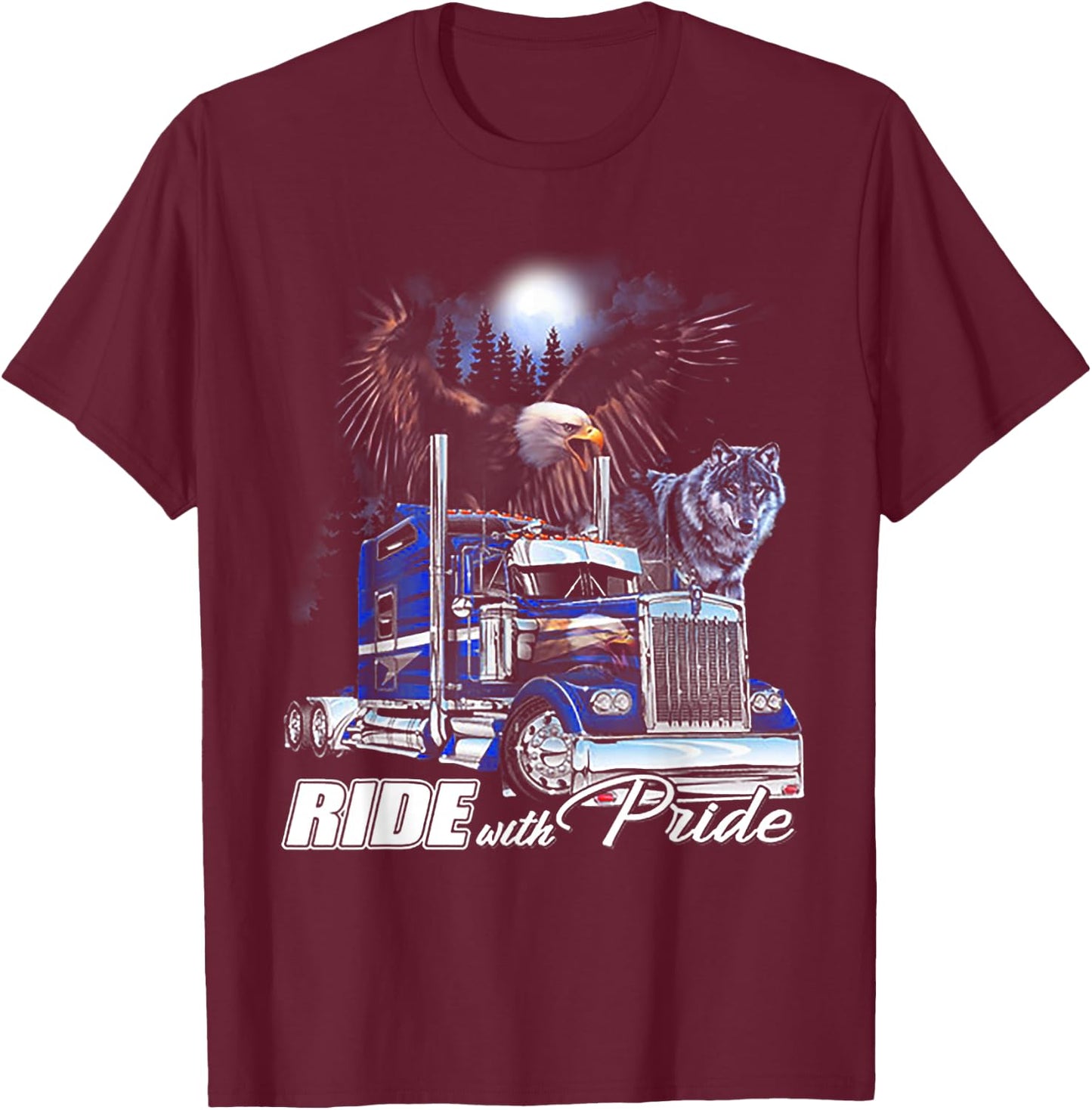 Ride With Pride Trucker Eagle Wolf T-Shirt - T-Shirt | Maroon