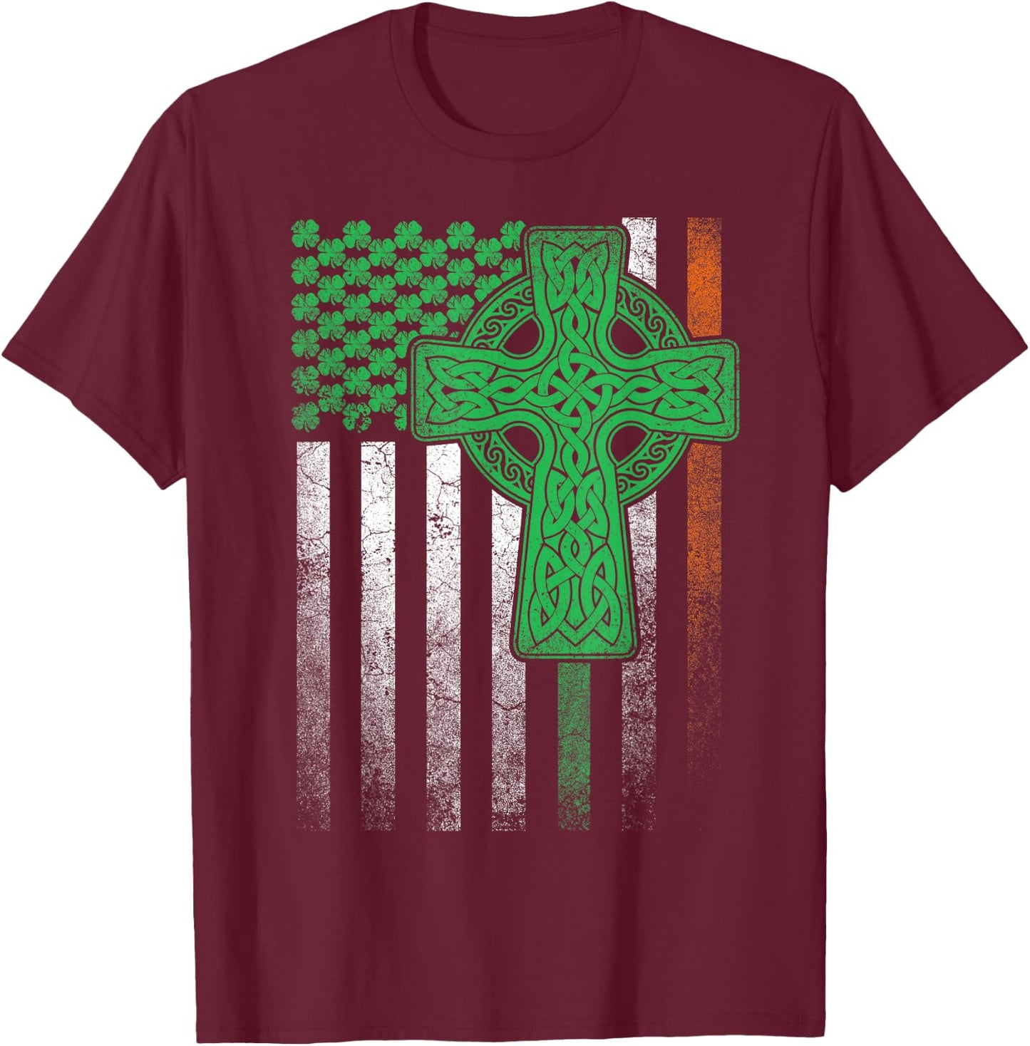 Irish American Flag Ireland Flag ST PATRICKS DAY Gift Cross T-Shirt - T-Shirt | Maroon