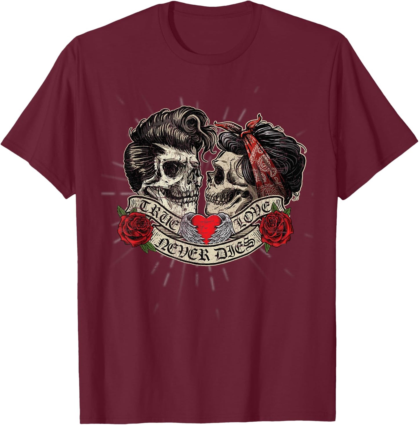 Vintage Retro True Love Never Dies Tattoo Rockabilly Small T-Shirt - T-Shirt | Maroon