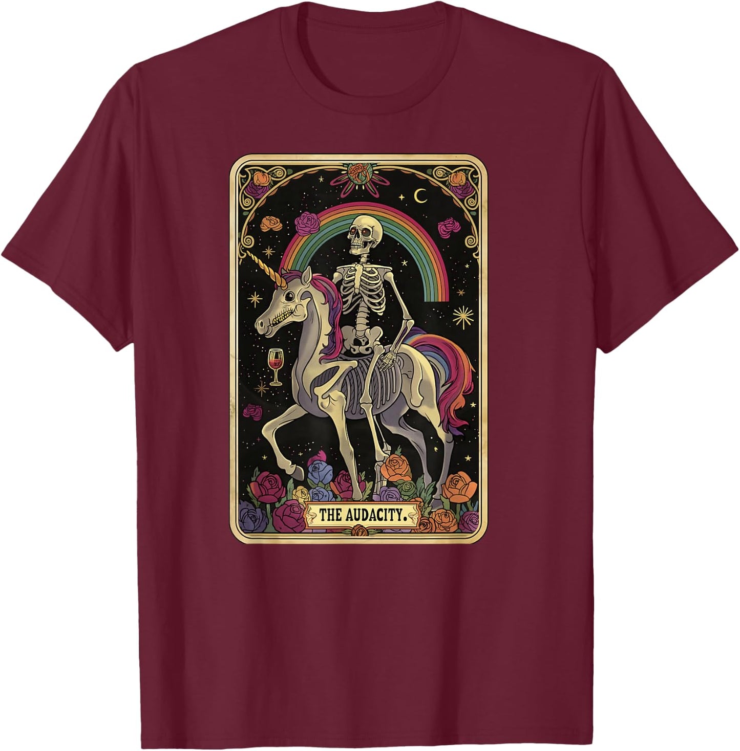 The Audacity Skeleton Tarot Card Graphic T-Shirt - T-Shirt | Maroon
