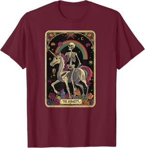 The Audacity Skeleton Tarot Card Graphic T-Shirt - T-Shirt | Maroon