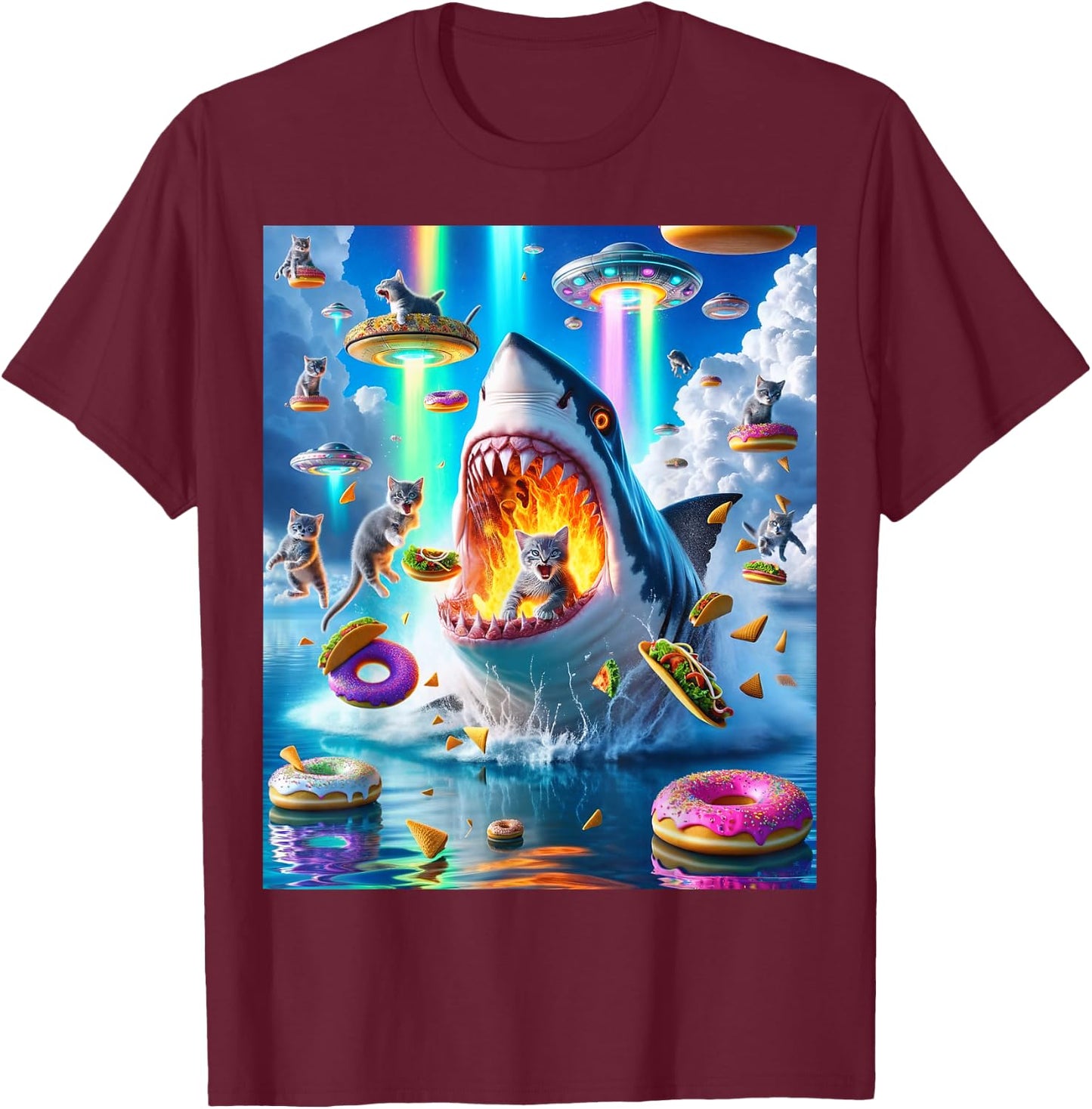 Cat Kitty Riding Fire Breathing Shark Rainbow Laser Taco Women T-Shirt - T-Shirt | Maroon