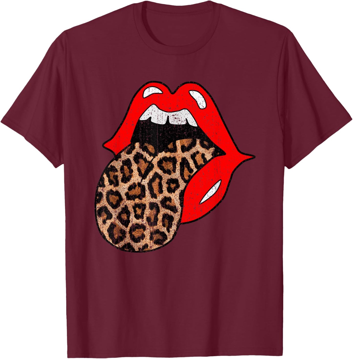 Red Lips Leopard Tongue Shirt Vintage Trendy Animal Print T-Shirt - T-Shirt | Maroon