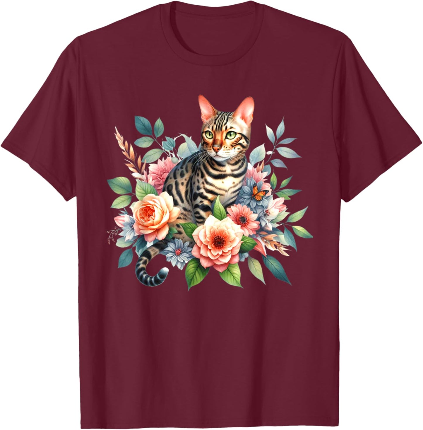 Bengal Cat x Flowers T-Shirt - T-Shirt | Maroon