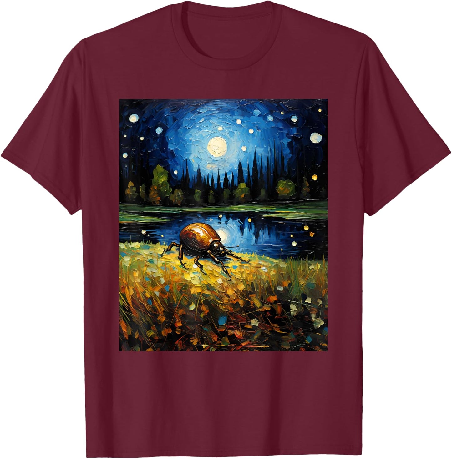Surrealism Starry Night Dung Beetle Bug Lovers T-Shirt - T-Shirt | Maroon