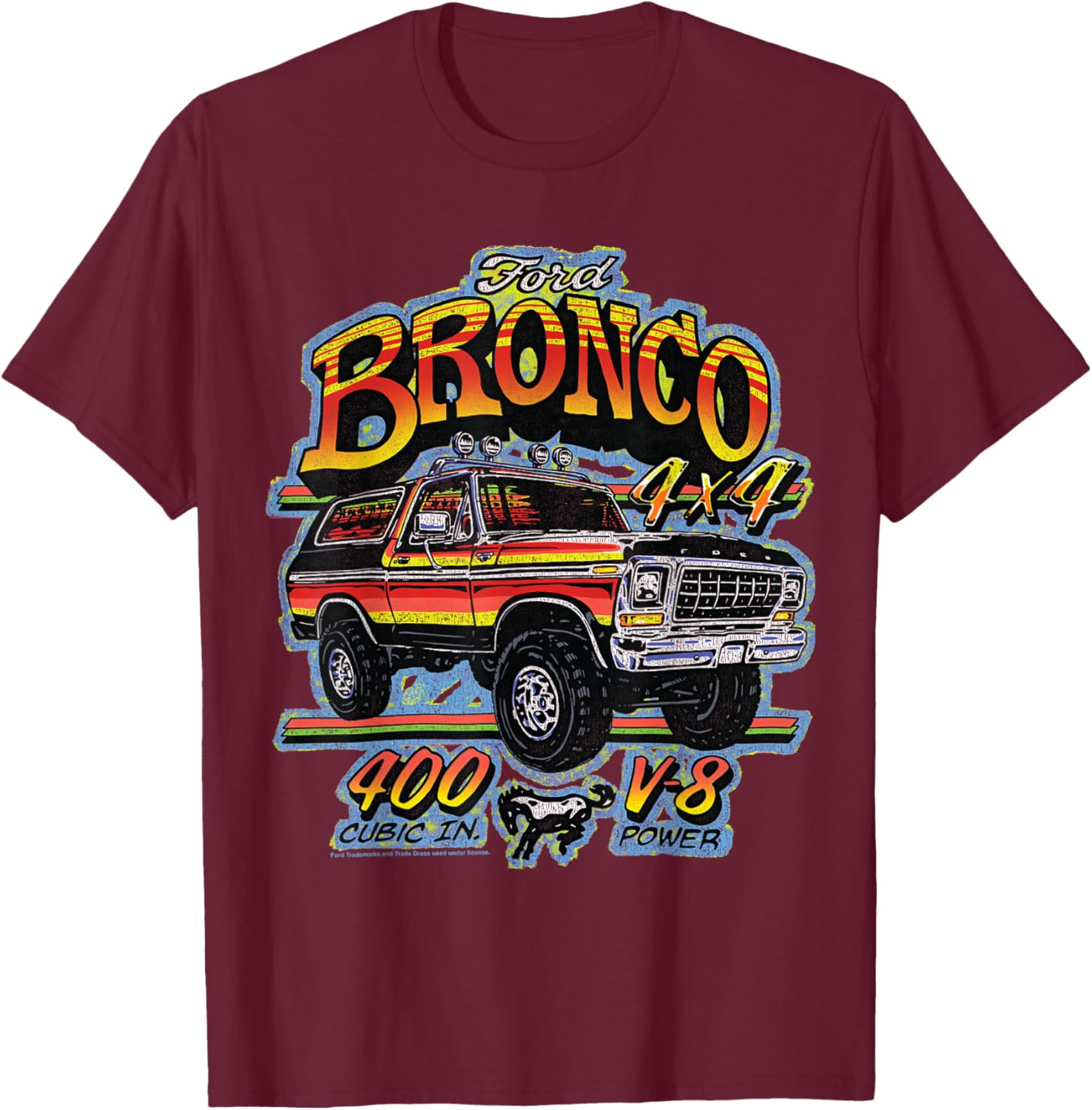 Ford - Bronco 4x4 V-8 Power 400 Cubic In. With Pony Logo T-Shirt - T-Shirt | Maroon