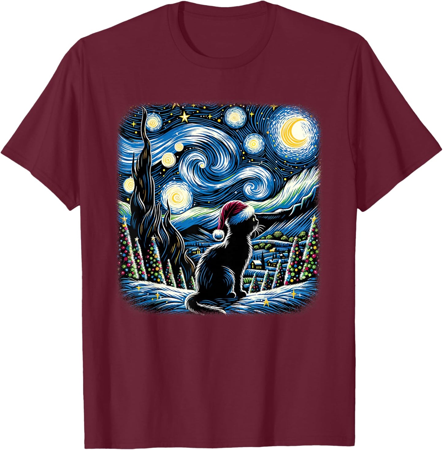 Van Gogh Starry Night Festive Christmas Black Cat Santa Hat T-Shirt - T-Shirt | Maroon
