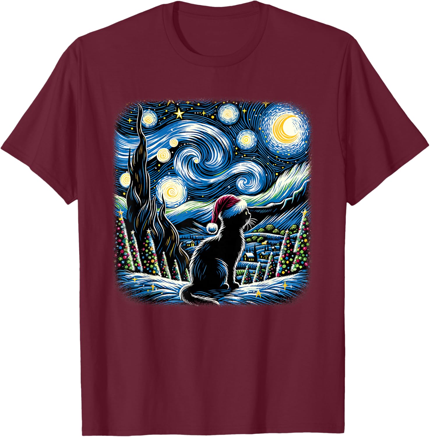 Van Gogh Starry Night Festive Christmas Black Cat Santa Hat T-Shirt - T-Shirt | Maroon