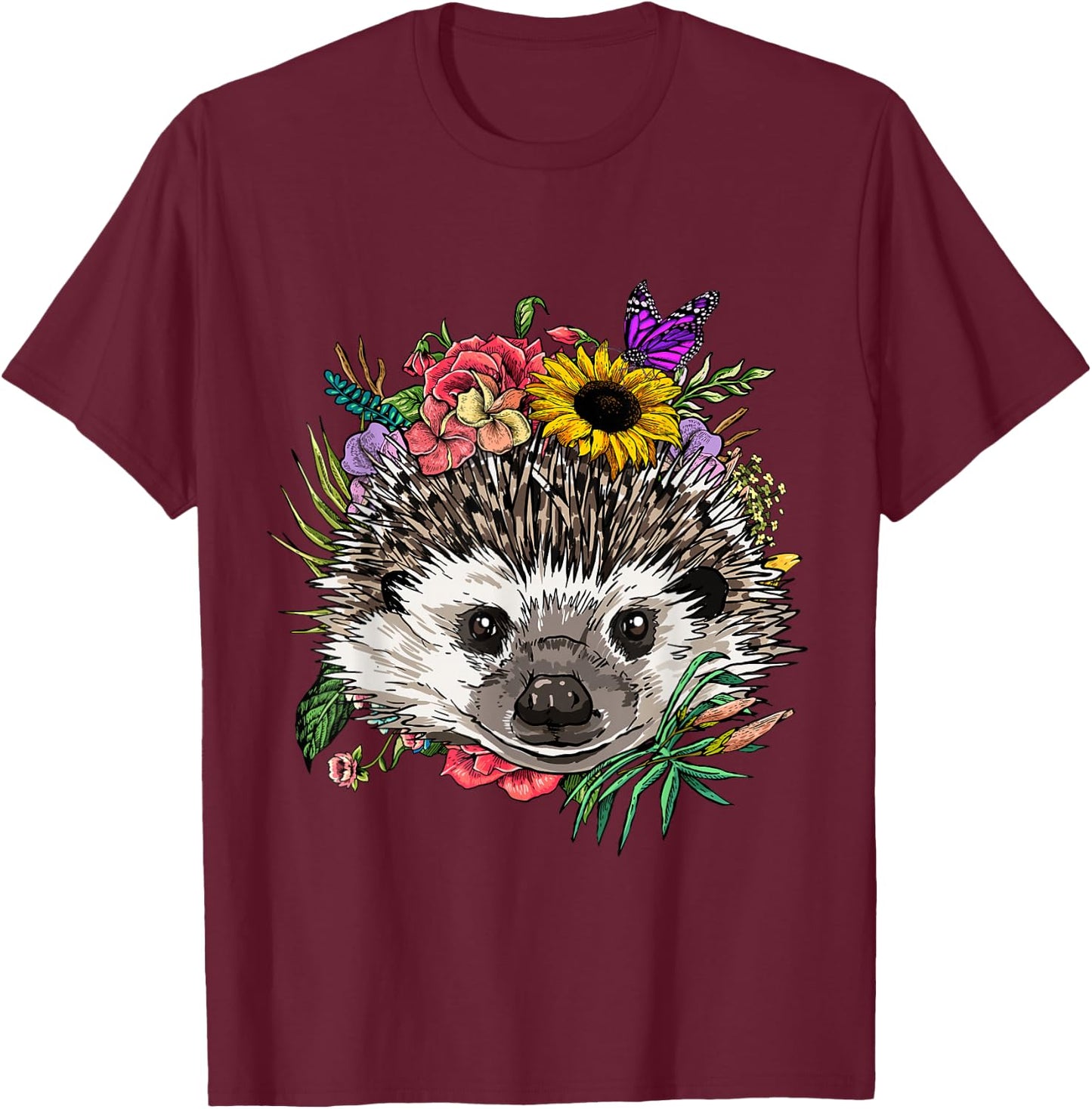 Hedgehog Shirt Floral Hedgehog Animal Face Hedgehog Lovers T-Shirt - T-Shirt | Maroon