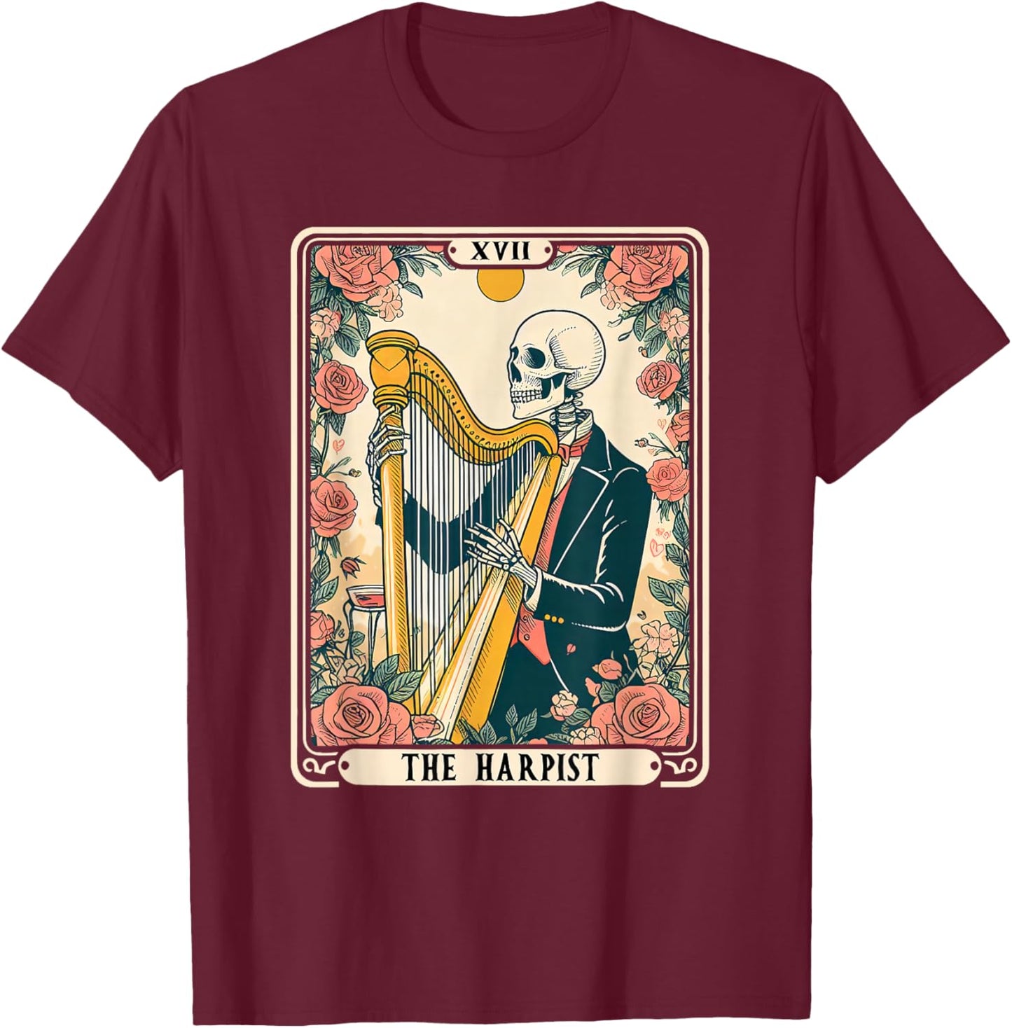 The Harpist Harp Player Tarot Card Skeleton Harp Musician T-Shirt - T-Shirt | Maroon