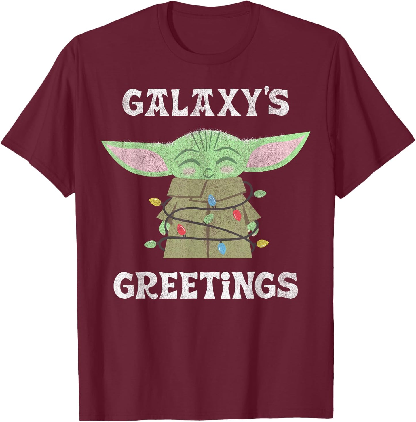 Star Wars The Mandalorian Christmas Child Galaxy's Greetings T-Shirt - T-Shirt | Maroon