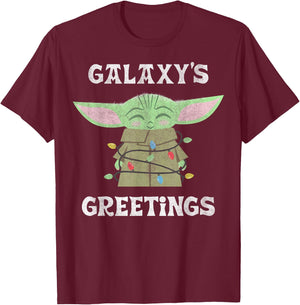 Star Wars The Mandalorian Christmas Child Galaxy's Greetings T-Shirt - T-Shirt | Maroon