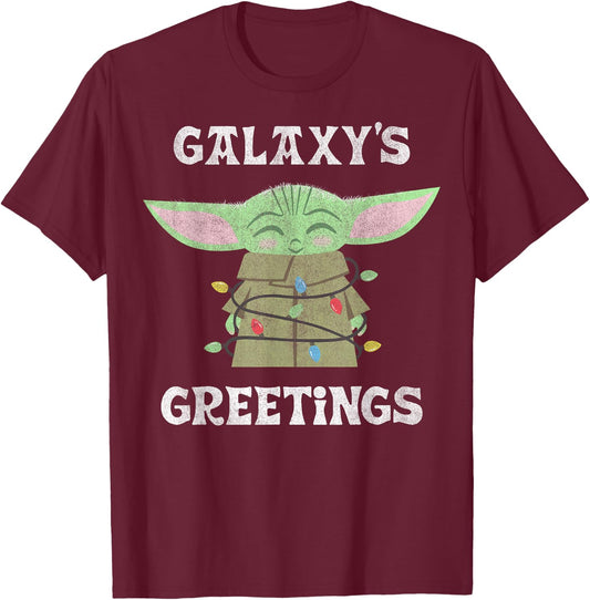 Star Wars The Mandalorian Christmas Child Galaxy's Greetings T-Shirt - T-Shirt | Maroon