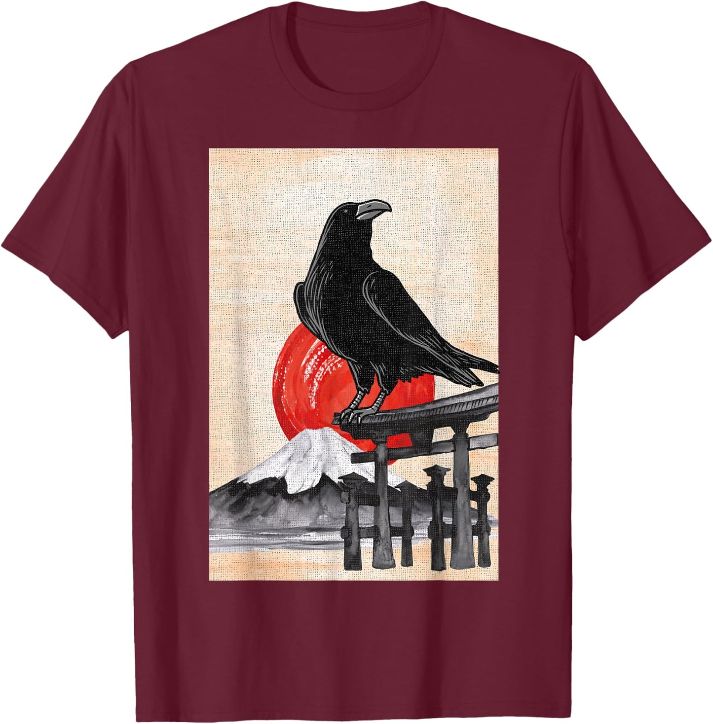 Japanese Style Red Moon Raven Graphic Black Crow Occult Goth T-Shirt - T-Shirt | Maroon
