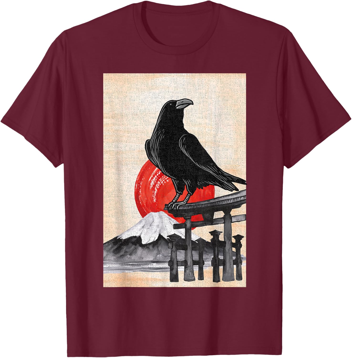 Japanese Style Red Moon Raven Graphic Black Crow Occult Goth T-Shirt - T-Shirt | Maroon