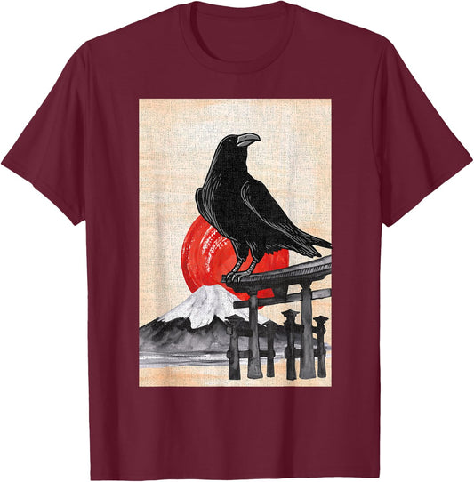 Japanese Style Red Moon Raven Graphic Black Crow Occult Goth T-Shirt - T-Shirt | Maroon